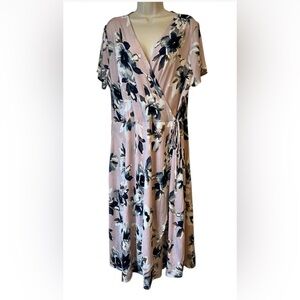 Chris & Carol Women's Size 3 X Pink Blue‎ Floral Wrap Below Knee Comfy Dress NWT